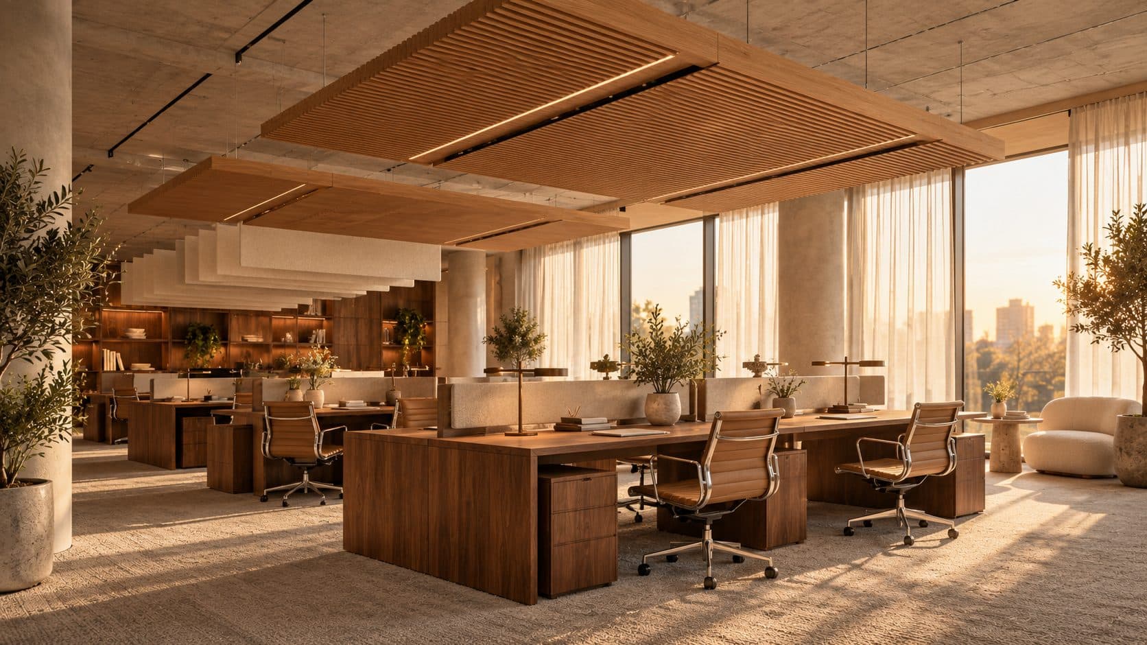 Open-plan office under an exposed concrete soffit with suspended oak-slat acoustic rafts over long walnut bench desks, pale felt baffles hanging further back, warm grey carpet and low sun through sheer curtains