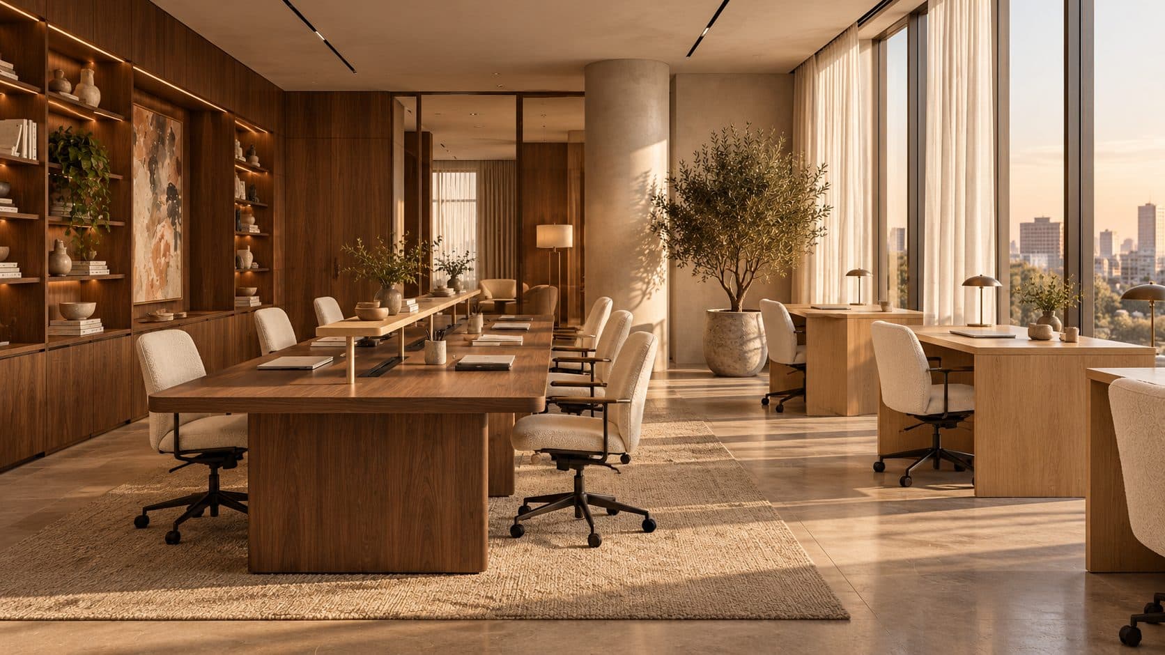 Long walnut bench desk on a solid base with a central oak shelf and cream bouclé chairs, beside individual oak desks with brass lamps by tall curtained windows