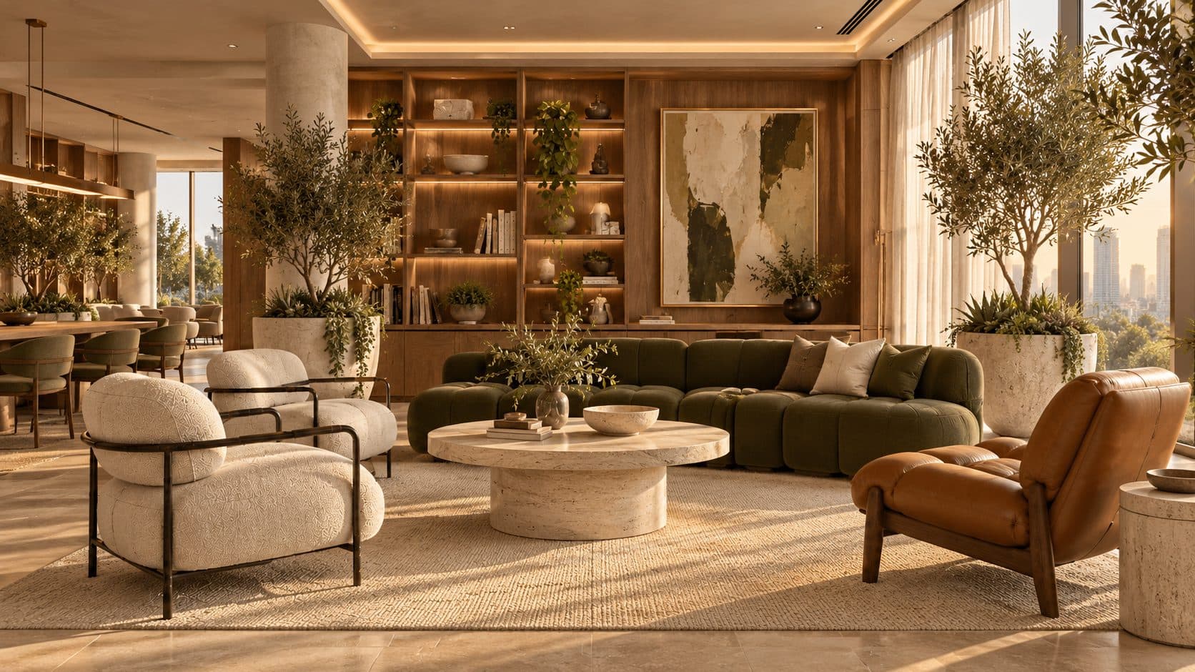 Office lounge with olive trees in stone planters, a moss-green sofa, cream bouclé armchairs and walnut shelving with plants, in warm afternoon light