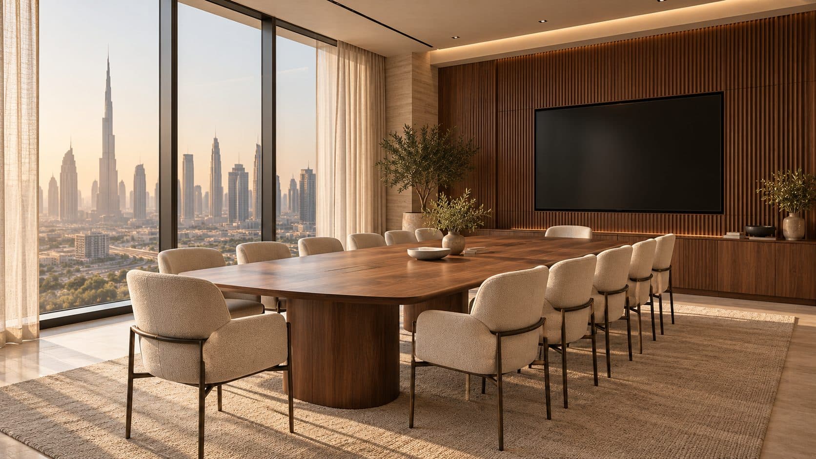 Boardroom with a long walnut table, cream upholstered chairs, a dark screen on a fluted walnut wall and the Dubai skyline through floor-to-ceiling glass