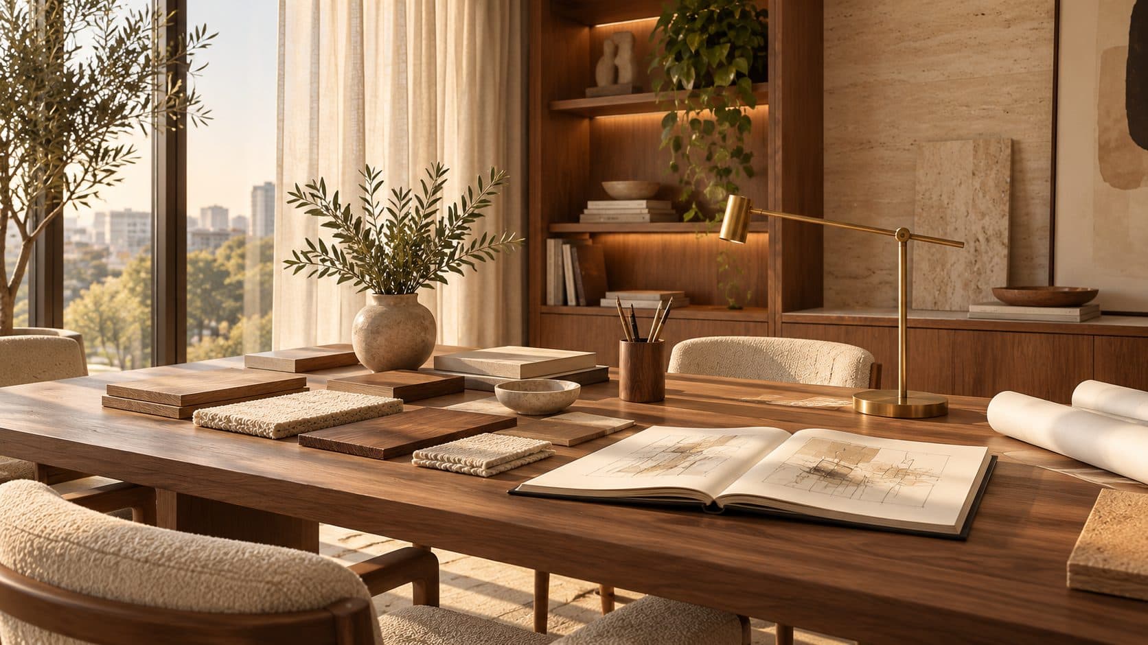 Walnut worktable covered with timber and stone samples, fabric swatches, an open sketchbook and rolled drawings beside a brass lamp