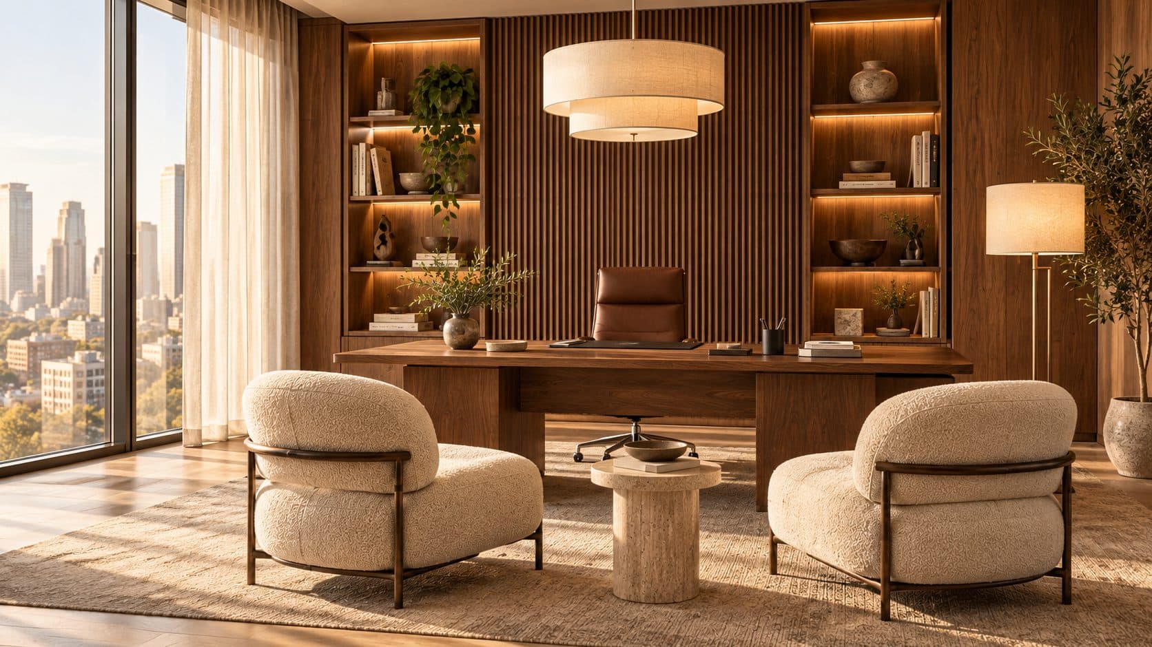 Private office with a walnut desk in front of a fluted walnut wall and lit shelving, a linen pendant, two bouclé armchairs and a city view