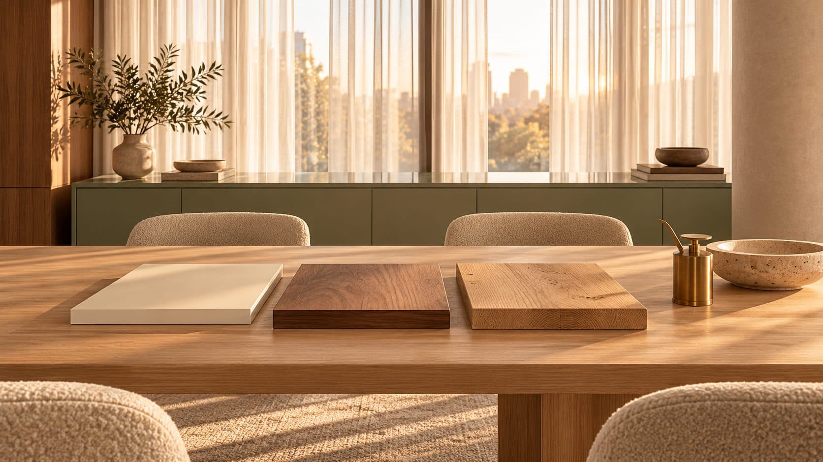 Three furniture finish samples on a light oak table, a cream lacquered panel, a walnut board and an oiled oak board, beside a brass oil can and a travertine bowl, with bouclé chairs, a sage lacquered credenza and tall sheer-curtained windows behind
