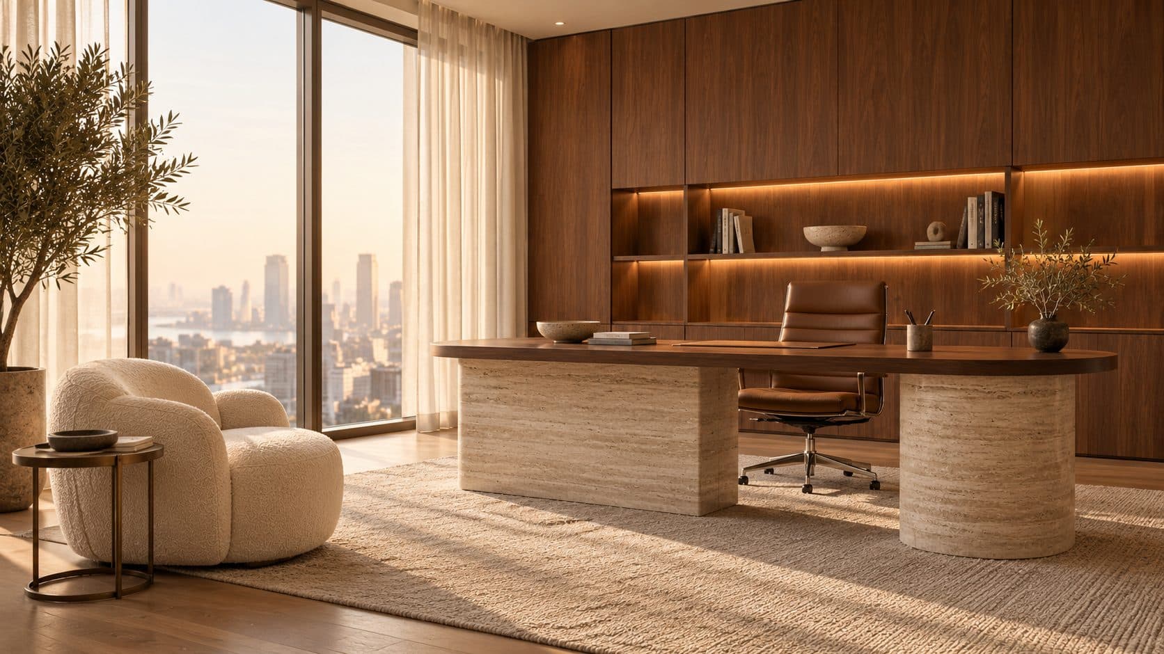 Executive office with a travertine desk topped in walnut and a cognac leather chair, a flush walnut panelled wall with a lit band of open shelving holding books and a stone bowl, a cream bouclé armchair and bronze side table on a wool rug, an olive tree and sheer curtains over a hazy city skyline