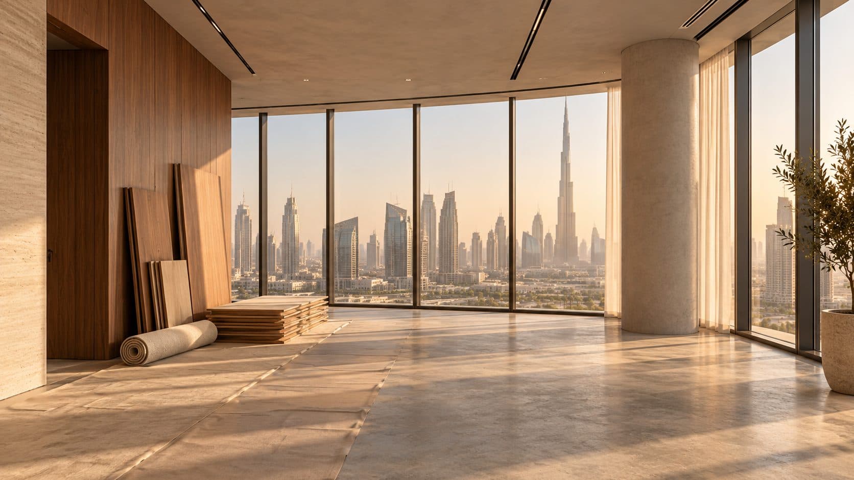 Empty office floor with stacked oak panels and a rolled rug against a timber wall, curved glazing and the Dubai skyline at sunset