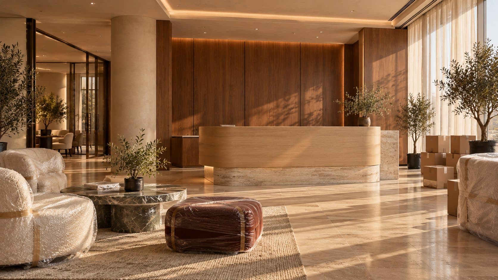 Office reception before move-in, with plastic-wrapped bouclé seating, stacked boxes and a travertine reception counter in low sun