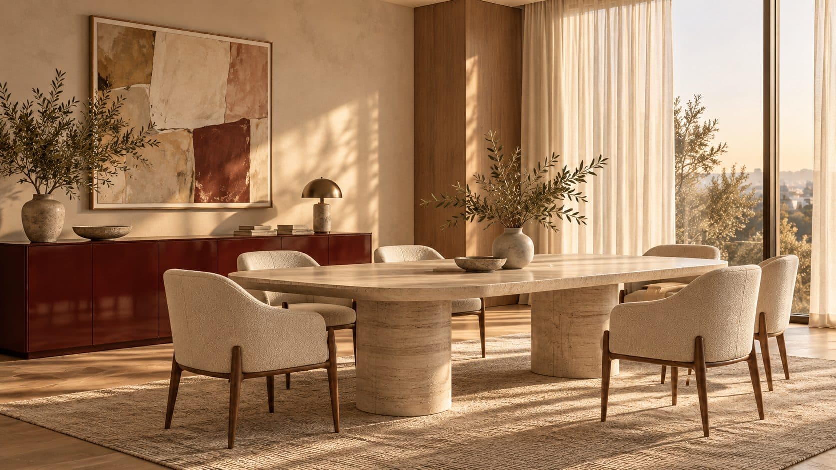 Meeting room in warm neutrals with a travertine table, cream chairs and a single oxblood lacquered sideboard as the accent