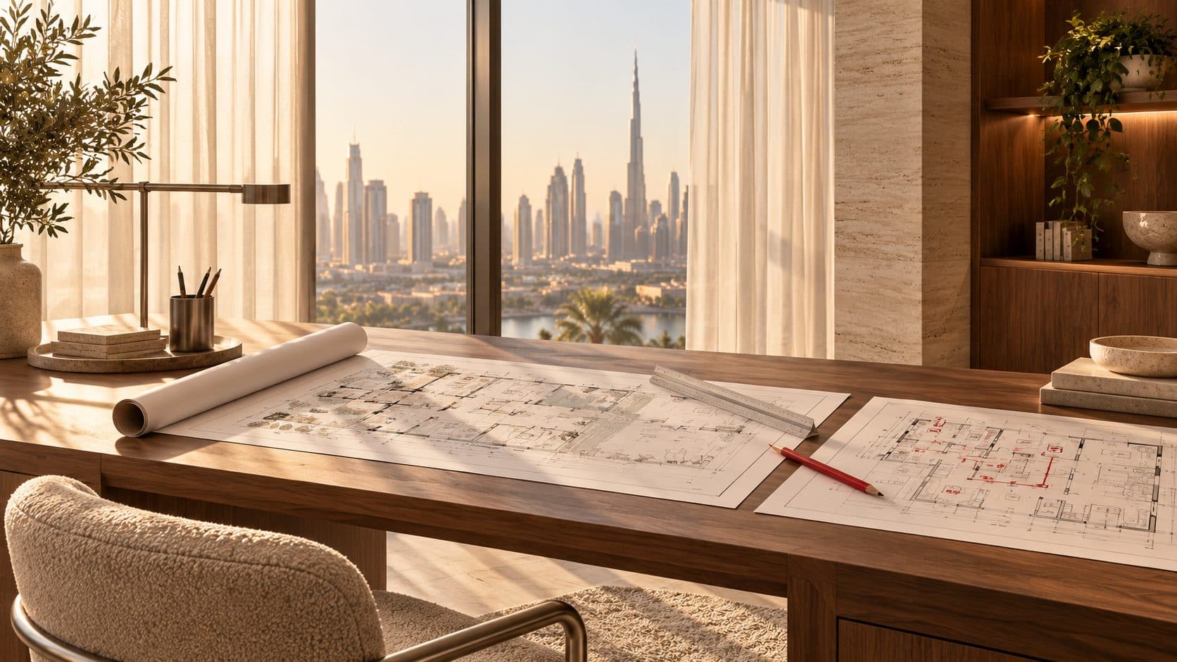 Fit-out and fire-safety drawings spread on a walnut desk with a red pencil, the Dubai skyline beyond the window