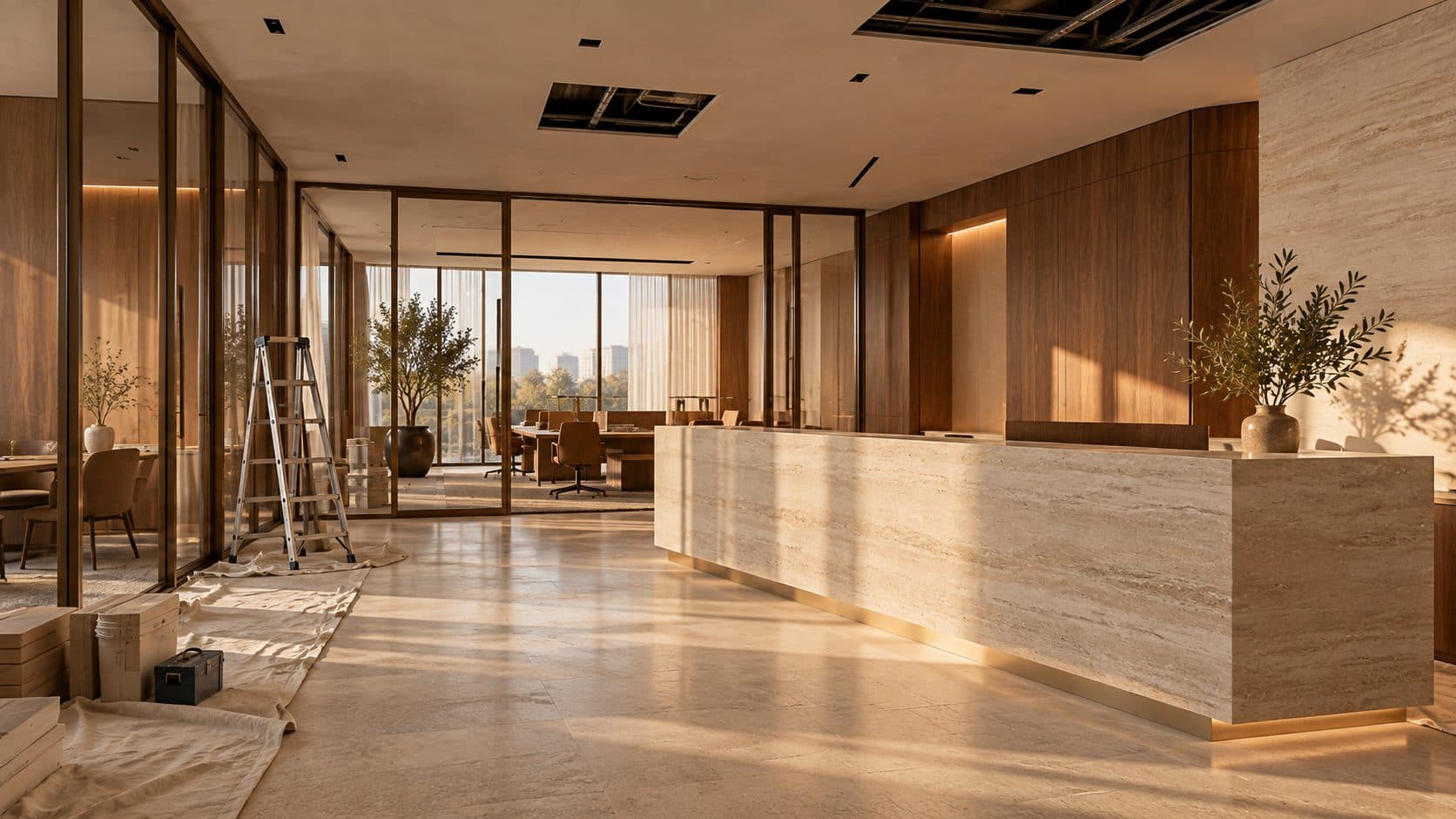 Office nearly finished: a travertine reception counter in place, a stepladder, dust sheets and open ceiling panels in warm light