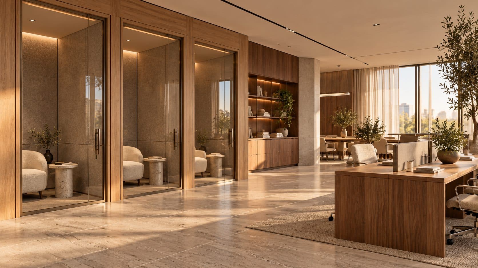 Row of glazed focus rooms with oak frames, each with an armchair and side table, beside open-plan oak desks