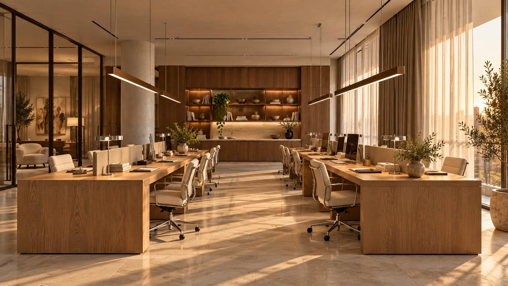 Open office with sheer curtains against low sun, linear pendants over oak bench desks and long shadows on a pale stone floor