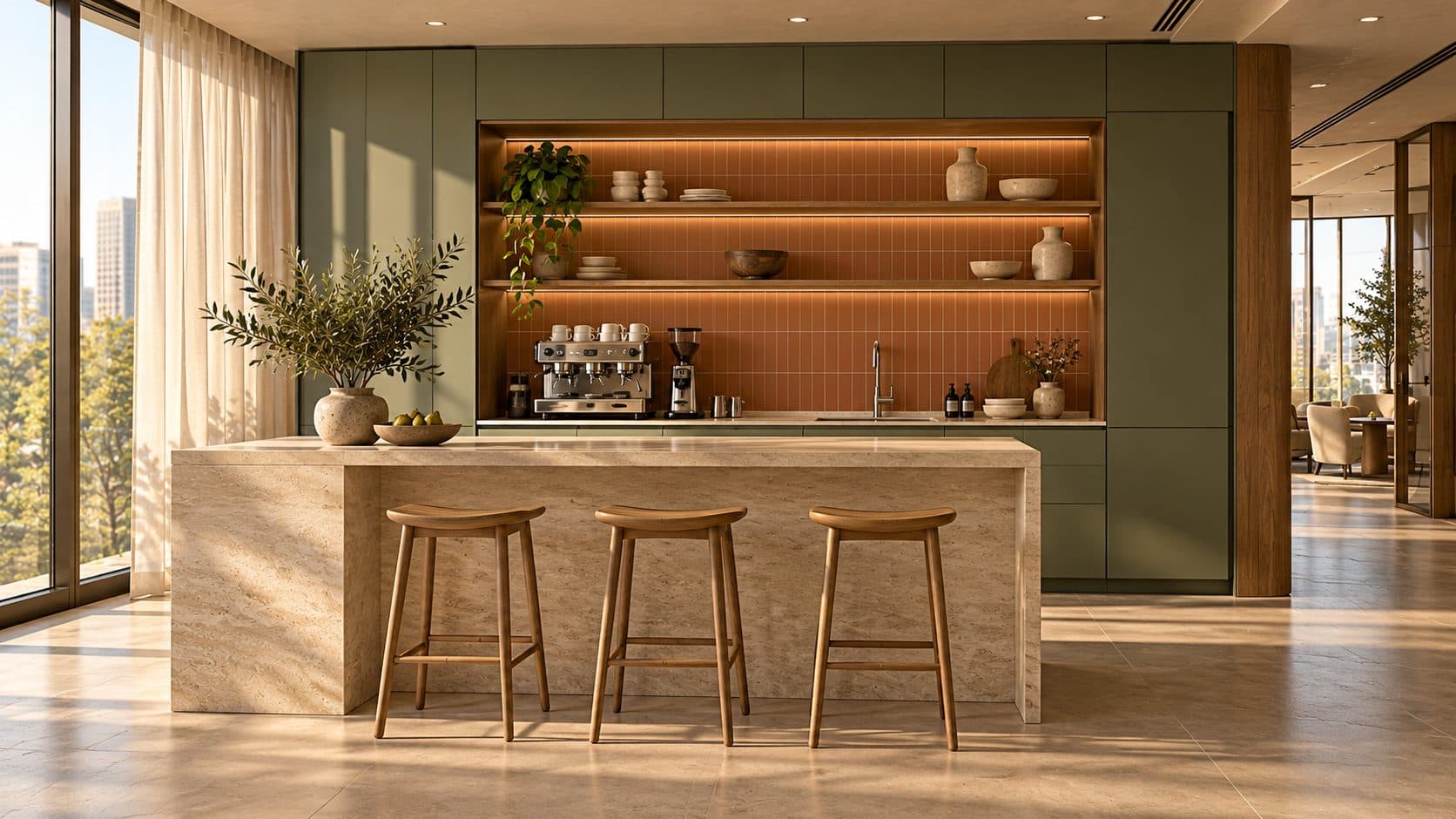 Office pantry with sage green cabinetry, a terracotta tile splashback, a travertine island, oak stools and an espresso machine