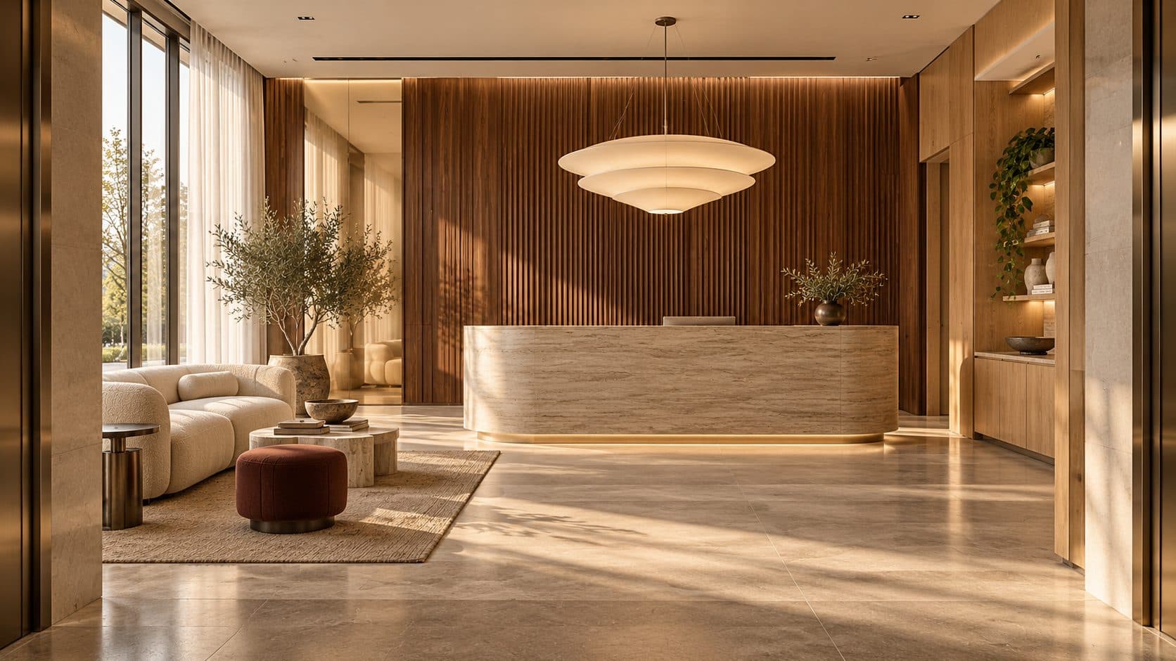 Office reception with a curved travertine counter, a fluted walnut wall, a tiered pendant, a cream sofa and an olive tree
