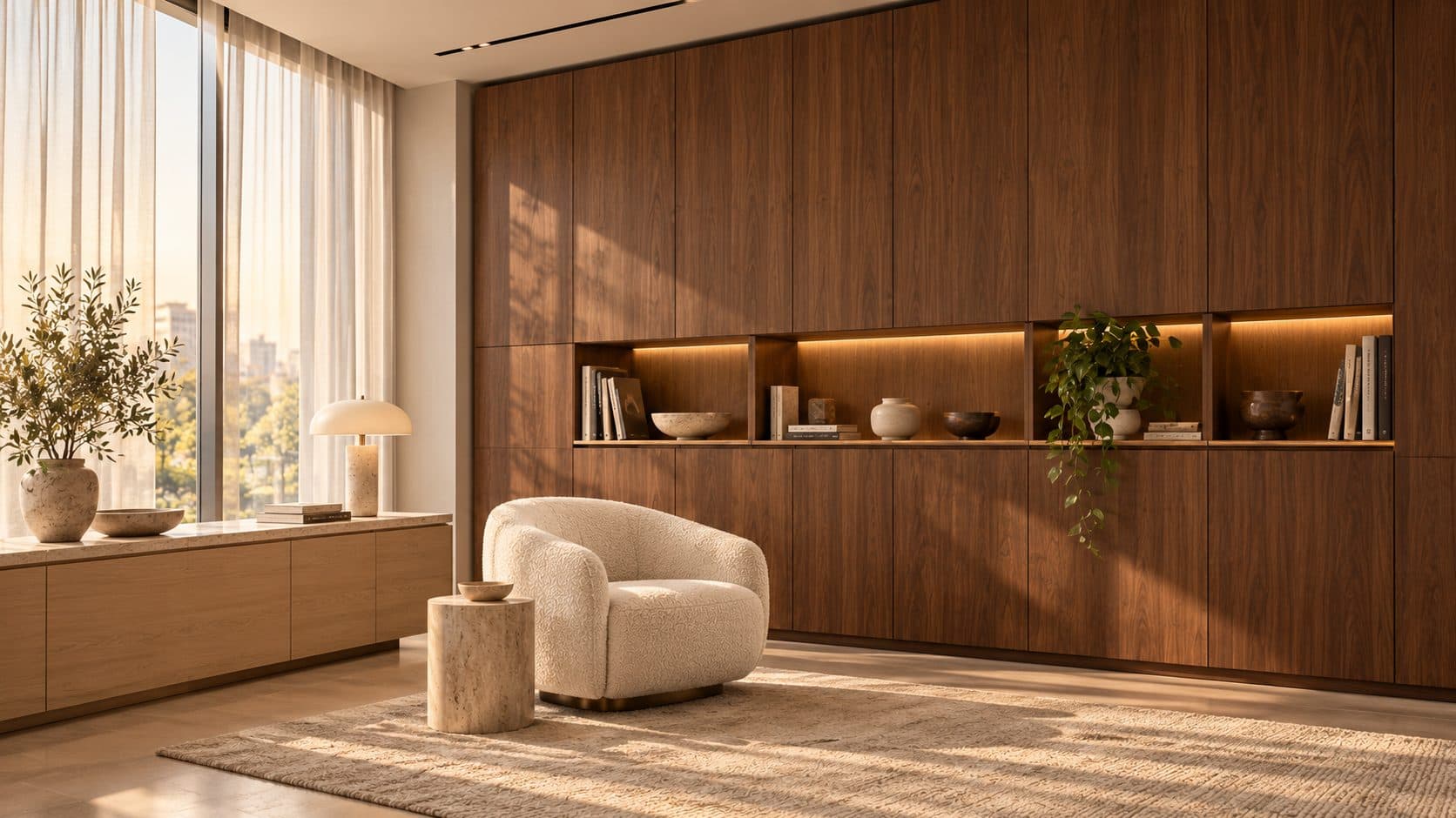 Full-height walnut storage wall with flush doors and a lit band of open shelving holding books and ceramics, a low oak credenza with a travertine top under a sheer-curtained window, and a cream bouclé armchair with a travertine side table on a wool rug
