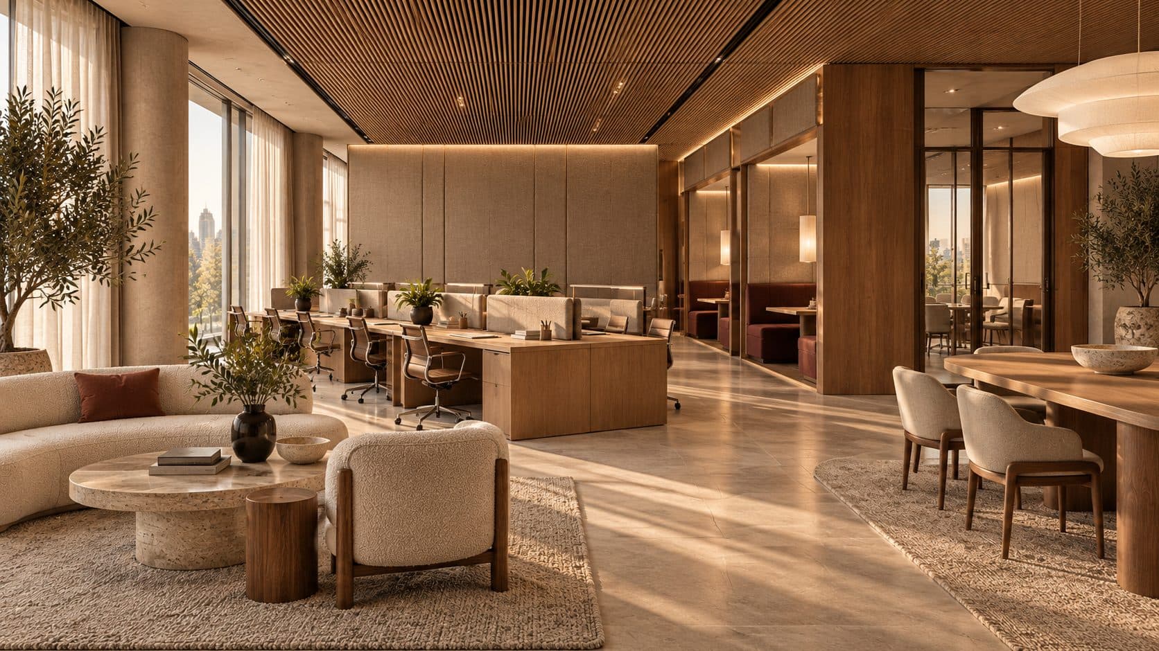 Open-plan office with a slatted timber ceiling, upholstered booths, wool rugs, curtains and oak desks that soften the sound
