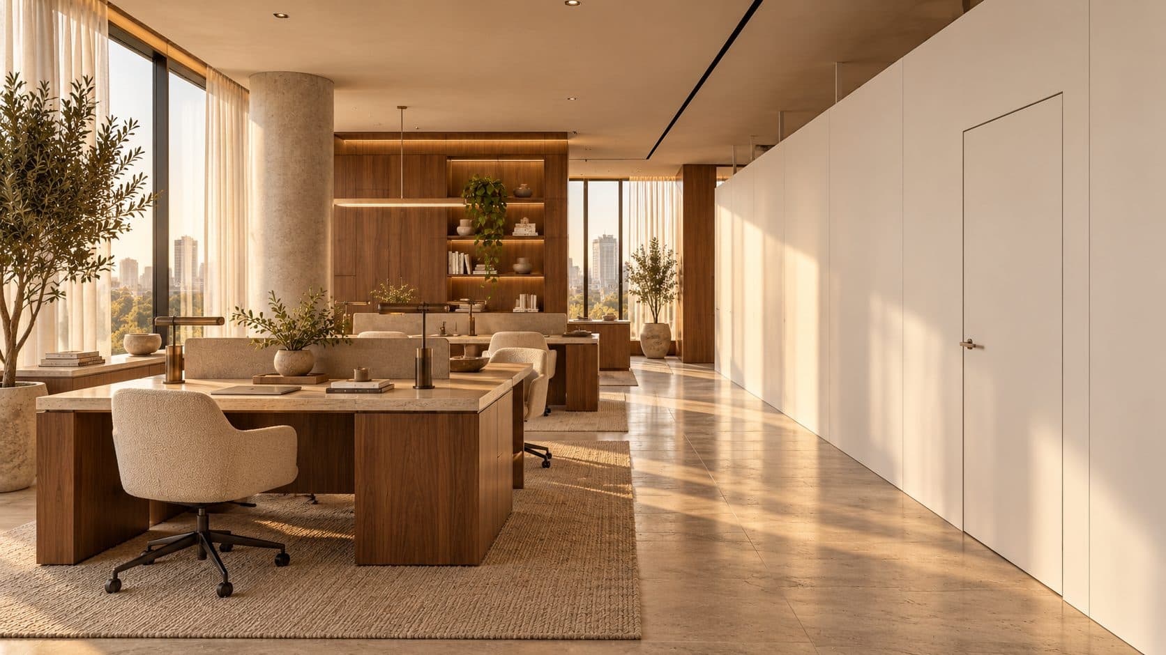 Office in a phased renovation: finished oak desks on one side, a clean white hoarding wall with a door on the other