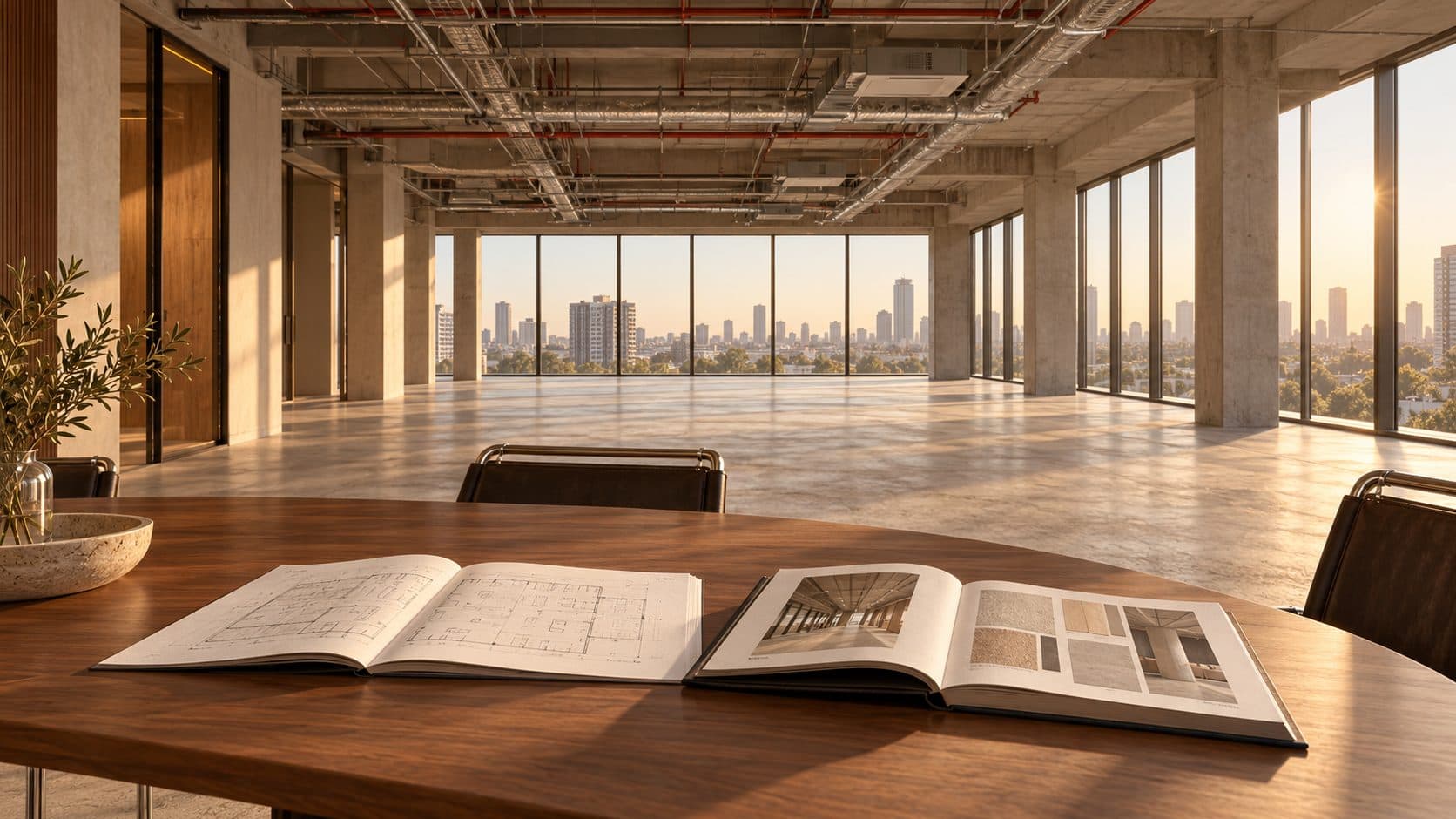 Lease and building fit-out manual open on a walnut table in an empty shell-and-core floor with exposed services