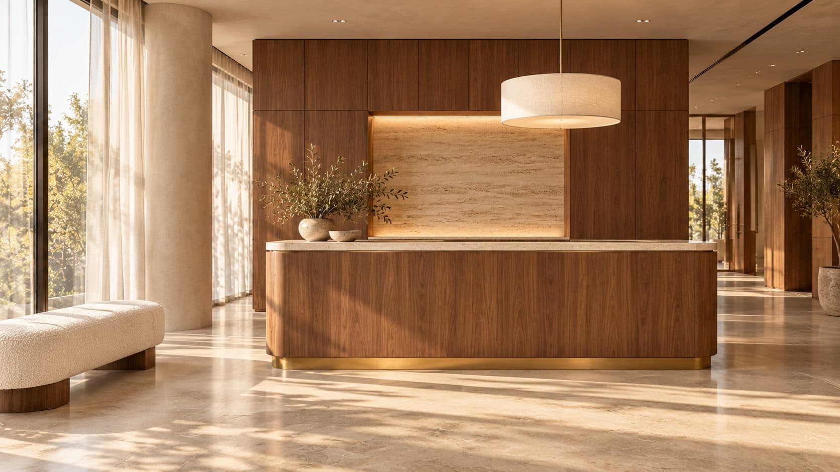 Office reception counter with a curved walnut veneer front, a travertine top and a brass plinth, set against a walnut wall with a backlit travertine panel, a linen drum pendant above and a bouclé bench to the left