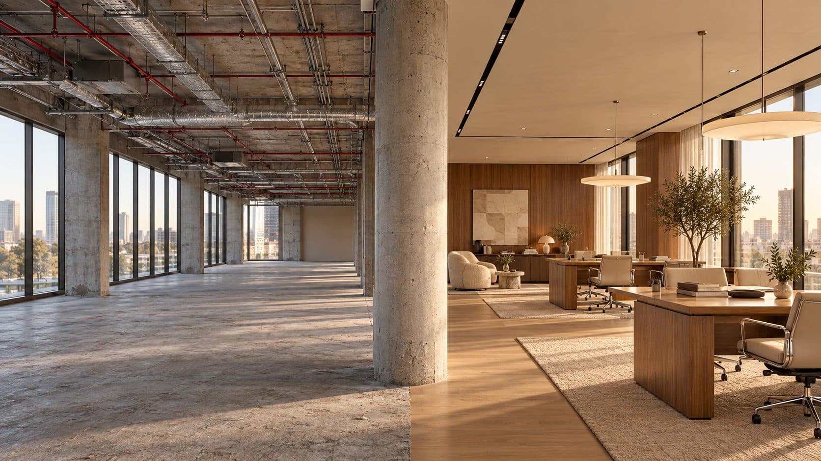 One office floor split at a column: bare shell-and-core concrete on the left, a finished oak and rug interior on the right