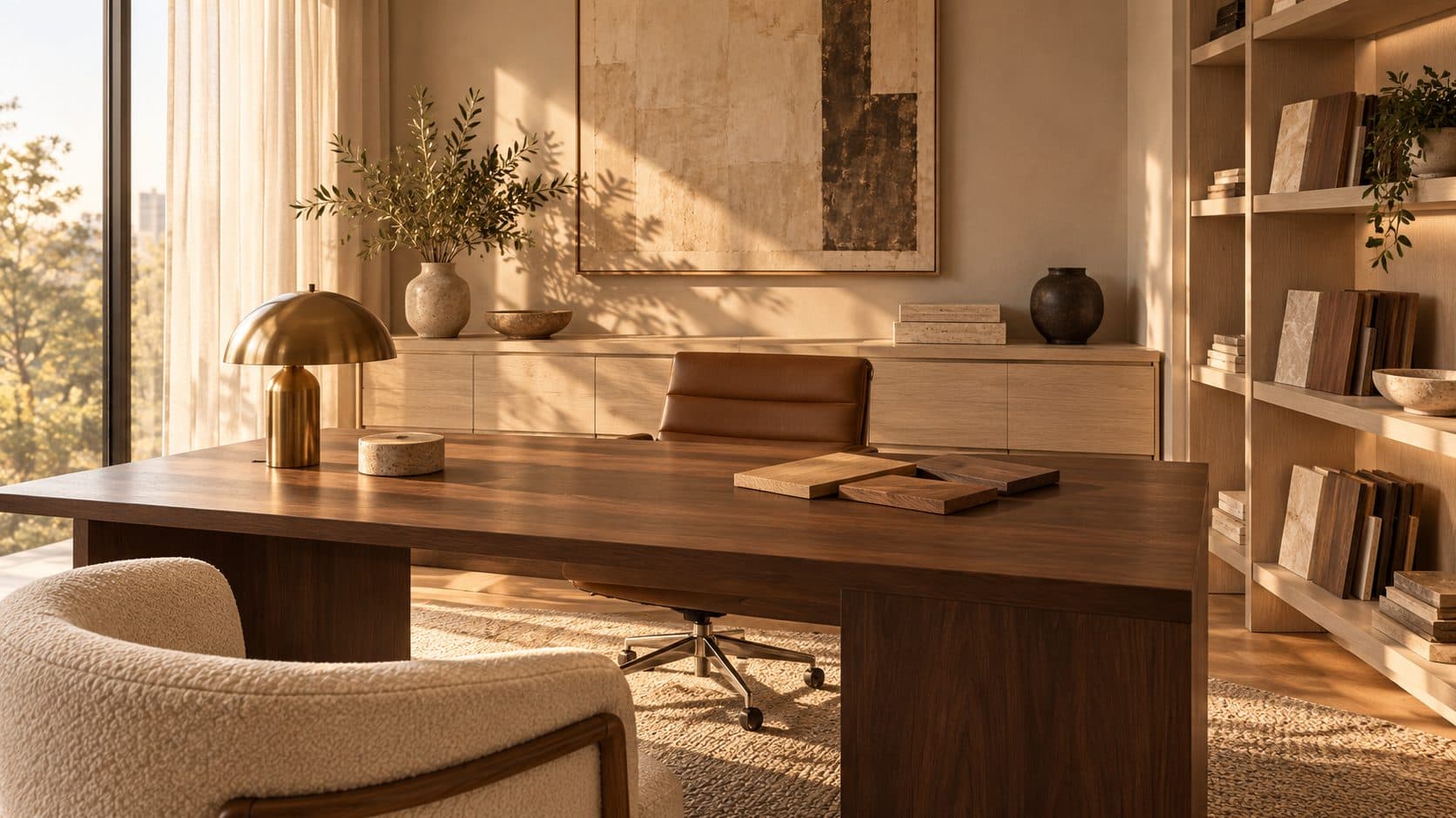 Dark walnut desk with four timber sample boards, a brass lamp and a travertine paperweight, a cognac leather chair and pale oak credenza behind, and light ash shelving of stone samples, lit by a tall curtained window