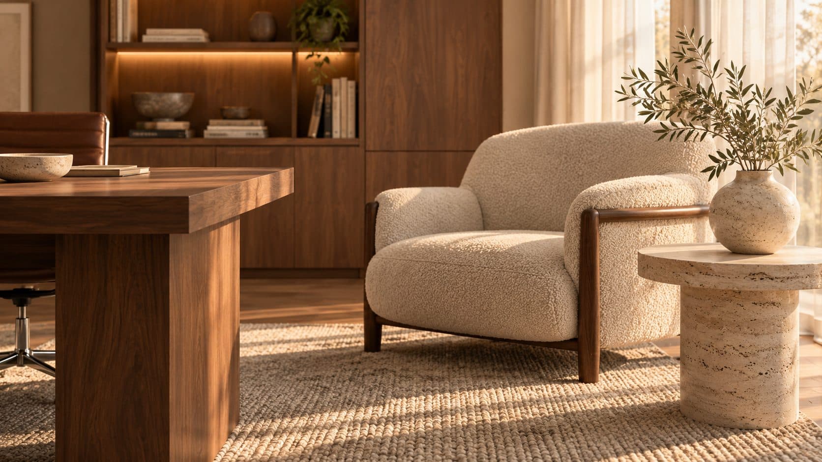 Walnut desk, cream bouclé armchair, travertine side table and wool rug with an olive branch in a vase, in low golden light