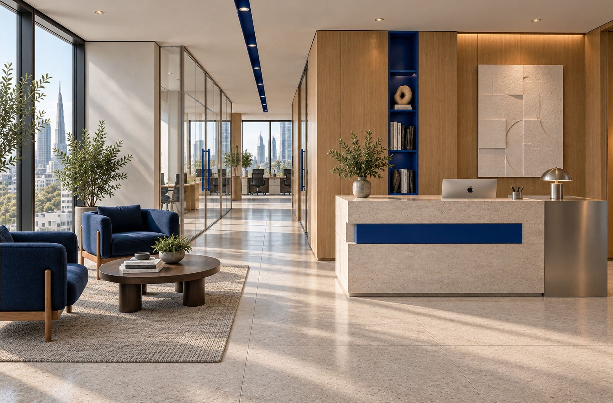 Cobalt Headquarters — Oak, cobalt lacquer, brushed steel