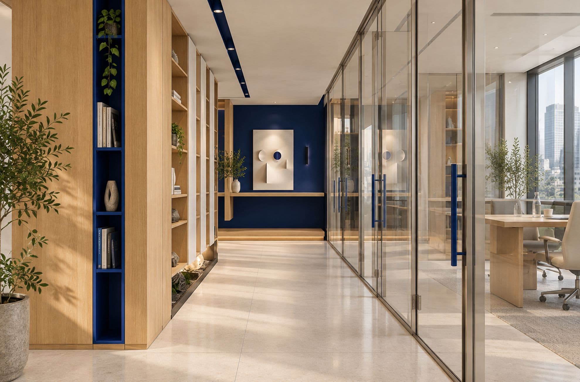 Oak corridor with cobalt shelving niches and glass-walled offices