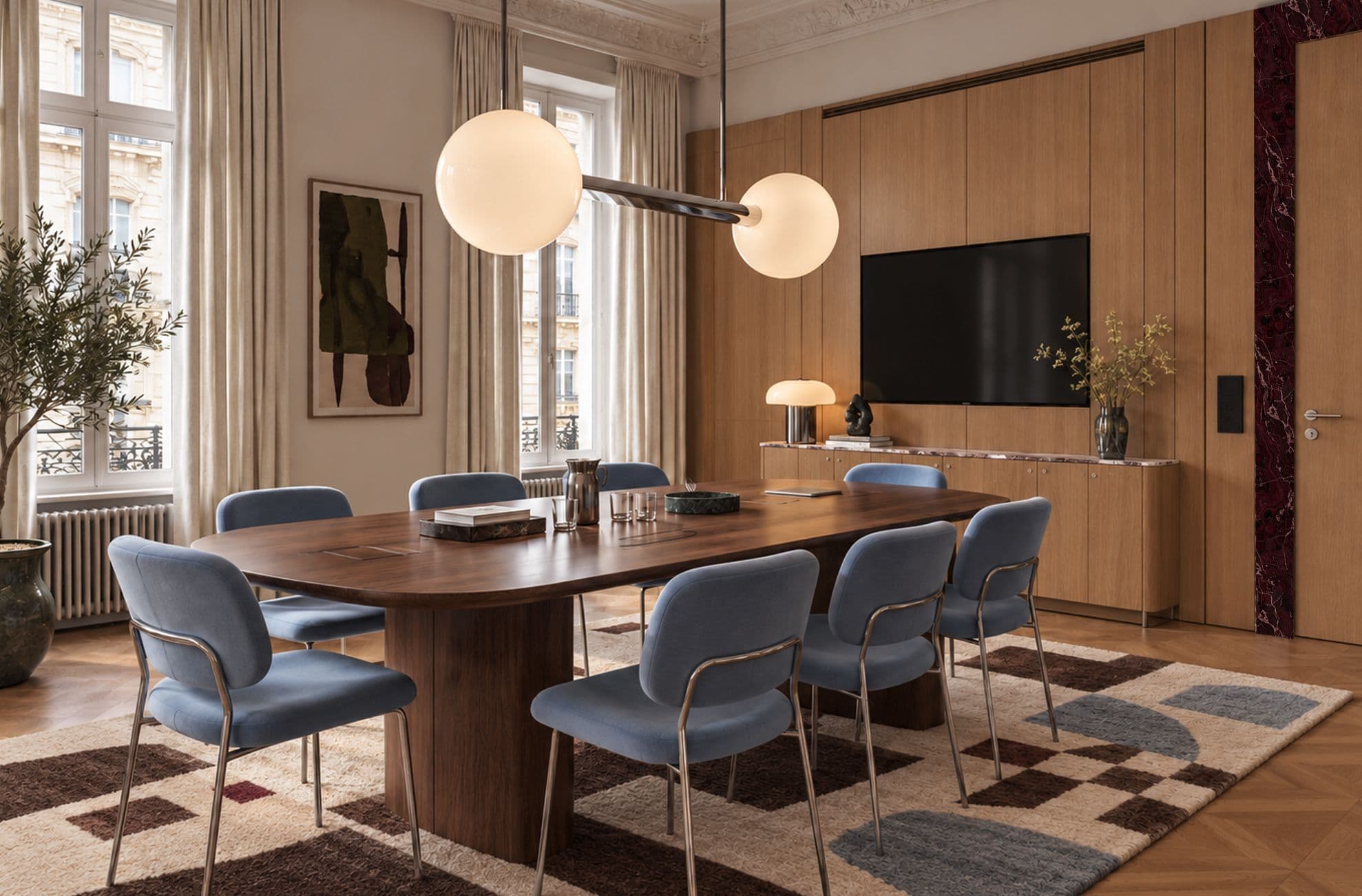 Maison Office — Dark walnut, powder blue, oxblood