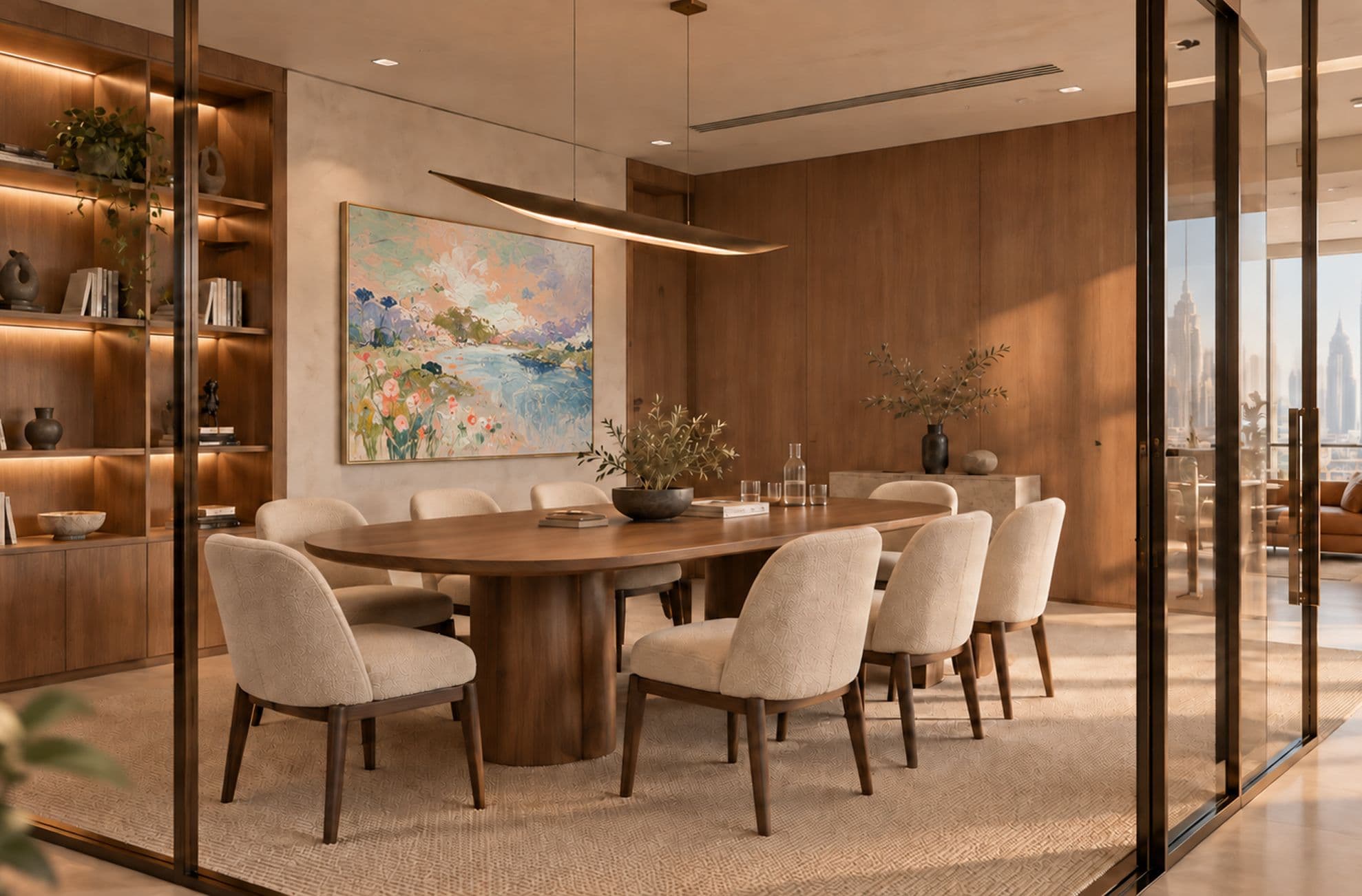 Walnut Gallery Office — Walnut, bouclé, travertine