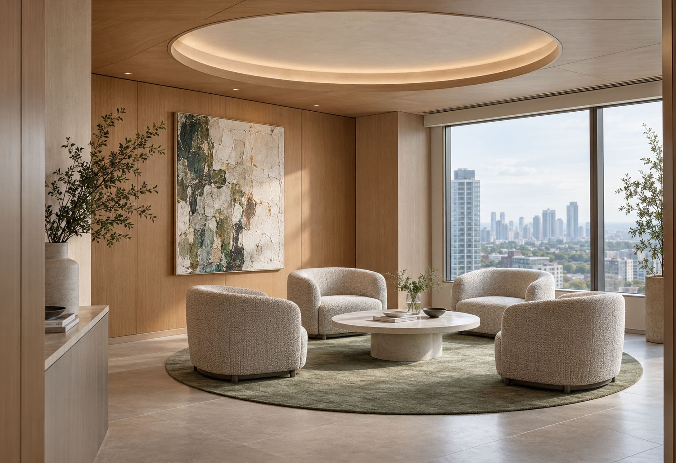 Domed client lounge with cream armchairs, a round rug and a city view