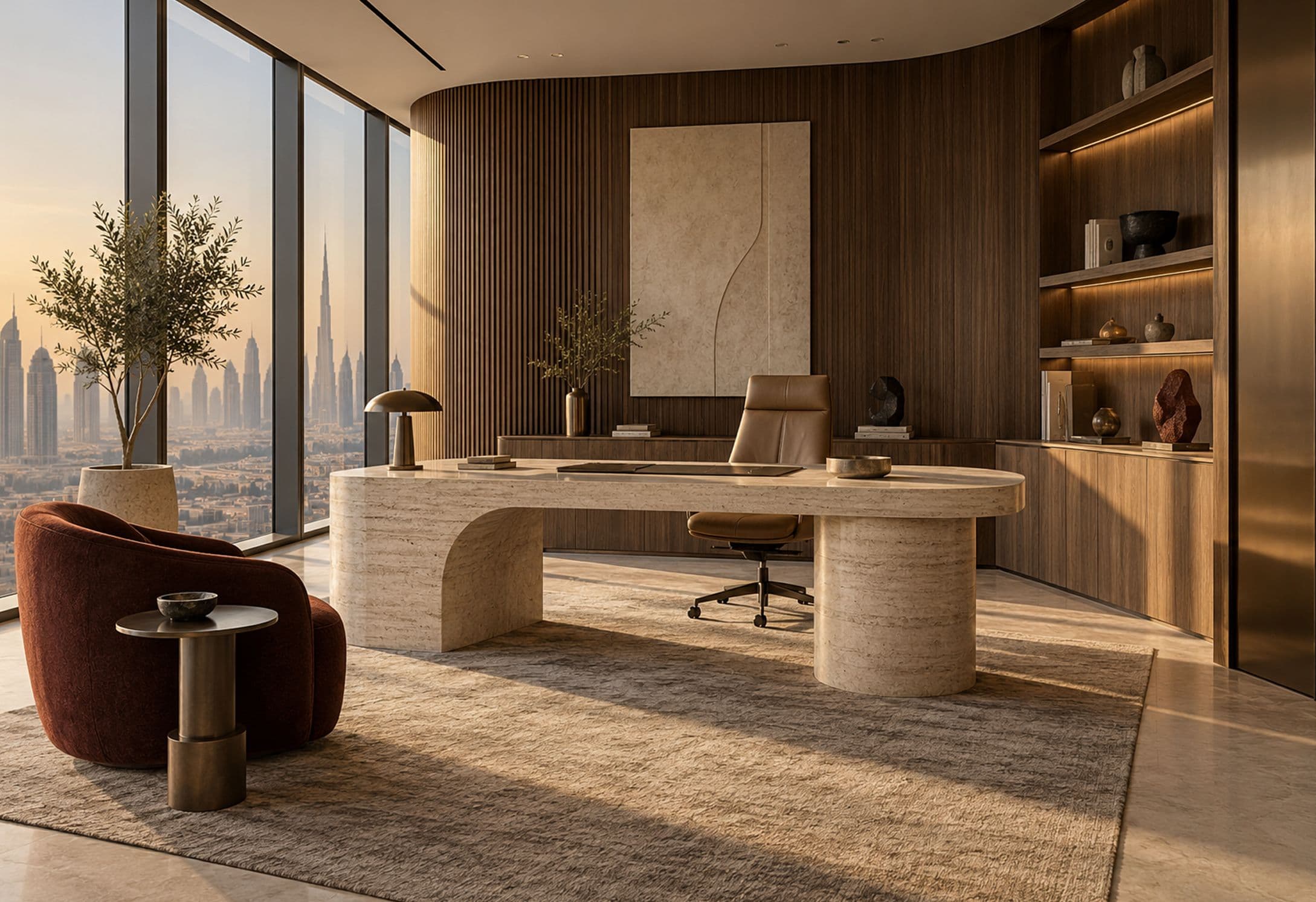 Skyline Executive Suite — Ash, travertine, sage