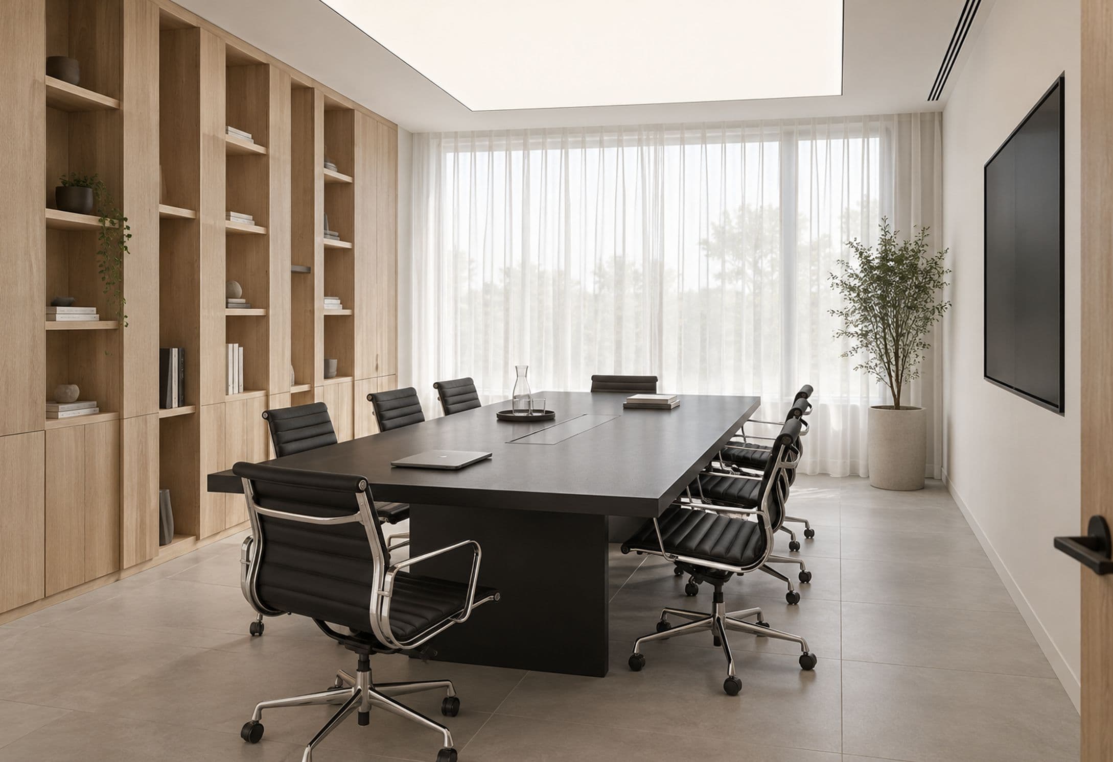 Long black meeting table with a flush cable hatch, black leather chairs and floor-to-ceiling oak shelving