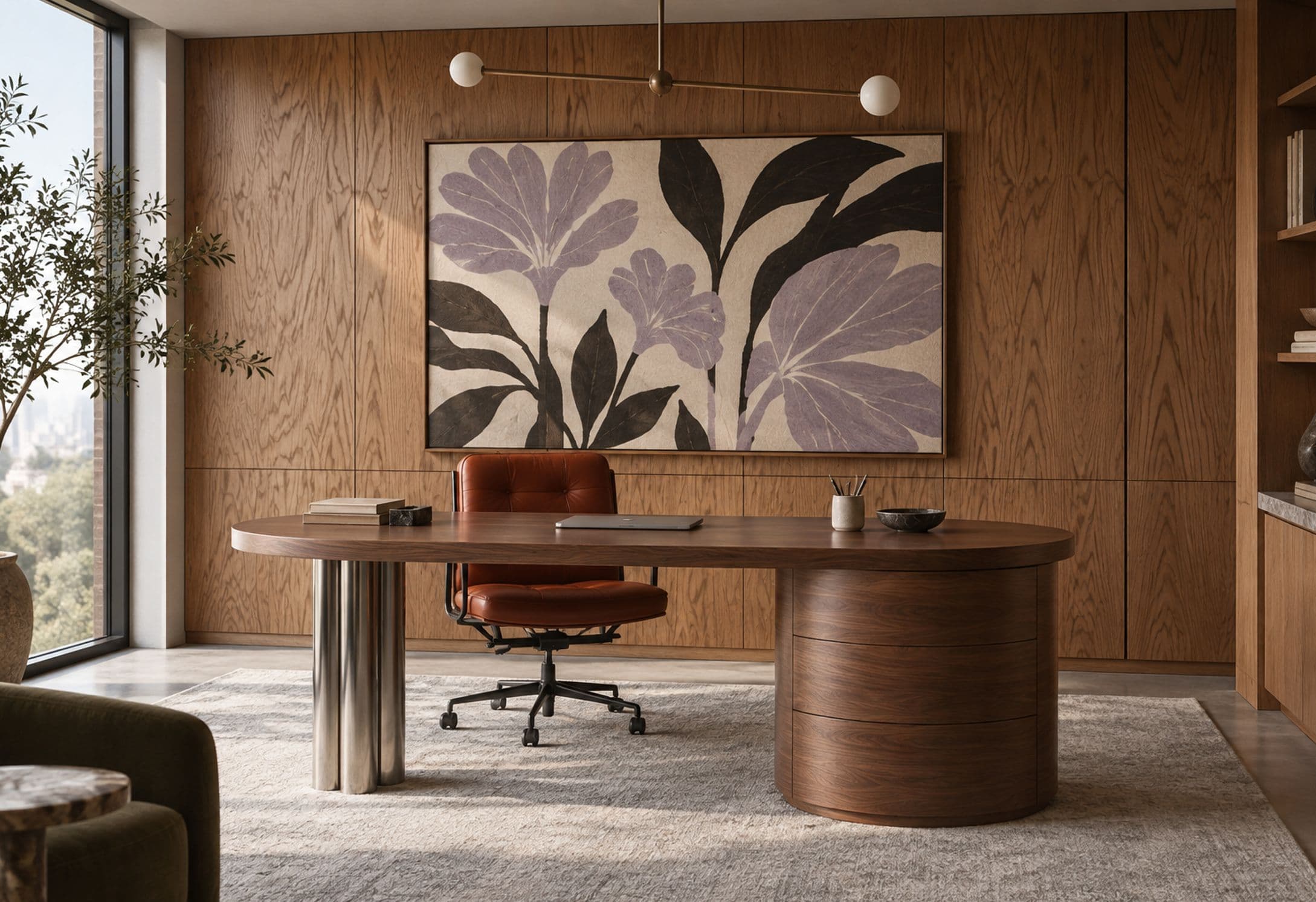 Executive desk with an oval walnut top on a drum pedestal and a polished steel leg, in a walnut-panelled office